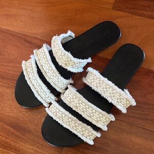 Rothy's Black and Cream Textured Cloth Strap Sandals